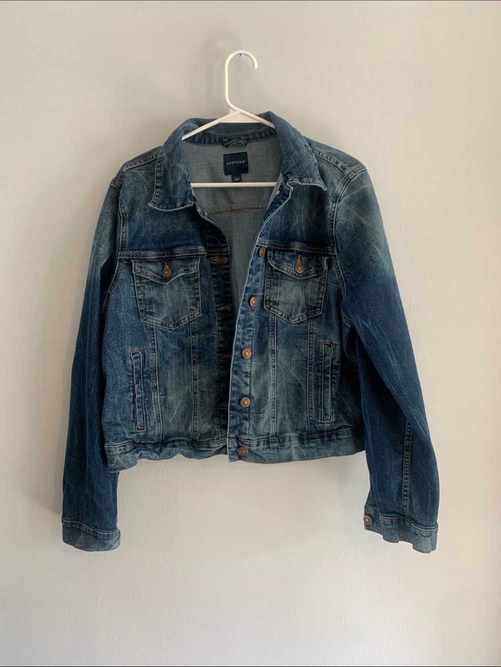 JUST USA Distressed Denim Trucker Jacket - 1X
